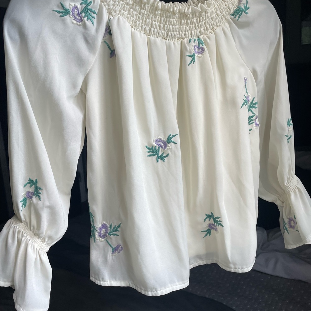 White Embroidered Smocked-Neck Peasant Top